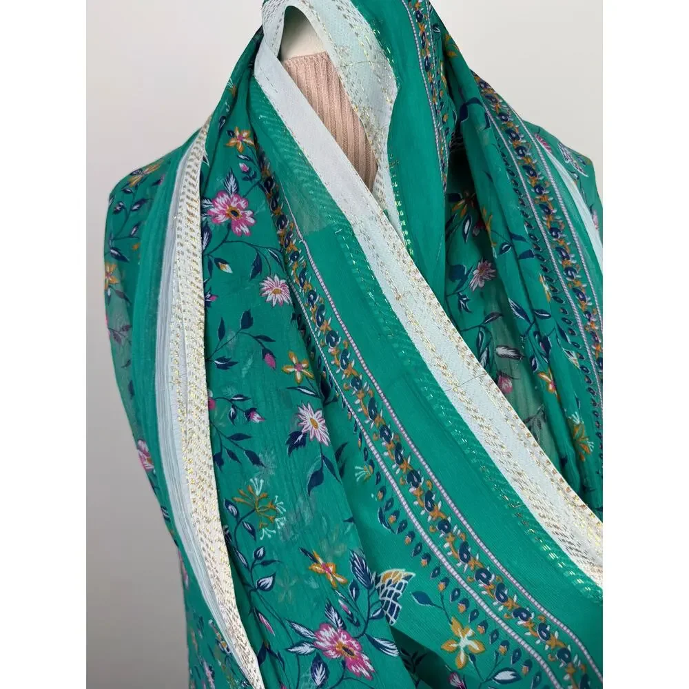 Green Brown Long Scarf Silk Floral Around Neck Rectangle Shaped Regular Fit
